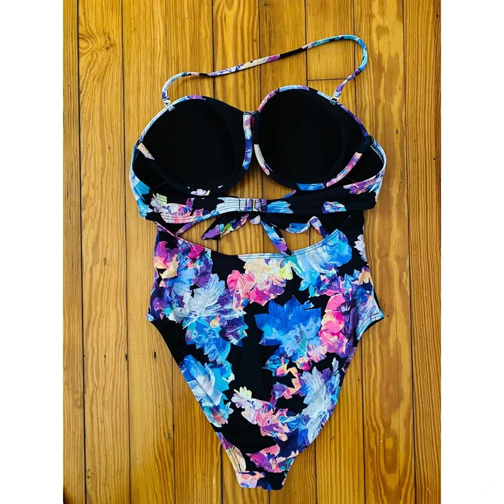 Bar‎ III Womens Floral Monokini Swimsuit Black Pink Blue Cutout Halter XL